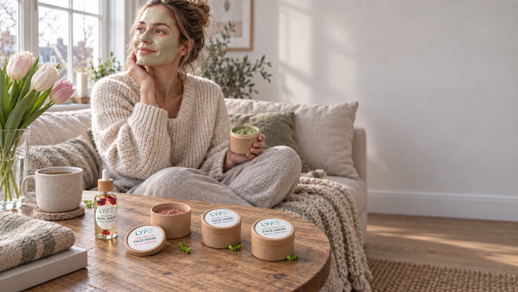 Vrouw met een Matcha Green Tea masker op de bank, met de LYFE producten op de salontafel